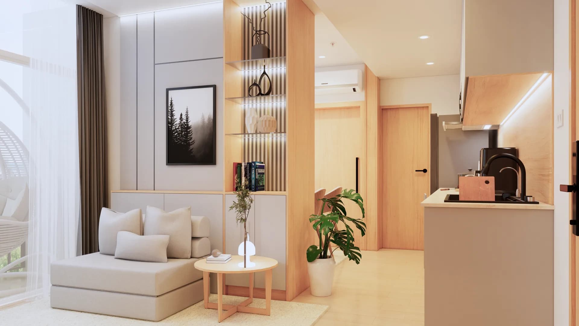 Render Combine room (52.00 SQ.M.) โทนสีไม้ — ผลงาน Chon Decor ภาพที่ 1